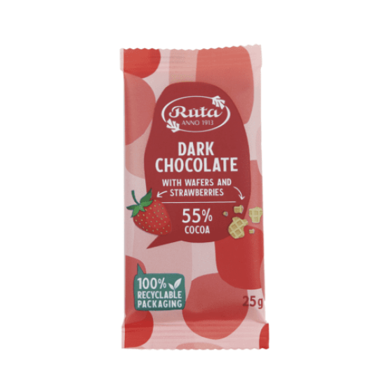 Dark chocolate (55%) with waffles and strawberries, 25 g