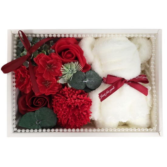 Muilo gėlės dovanų dėžutėje su rankšluostuku RAUDONA