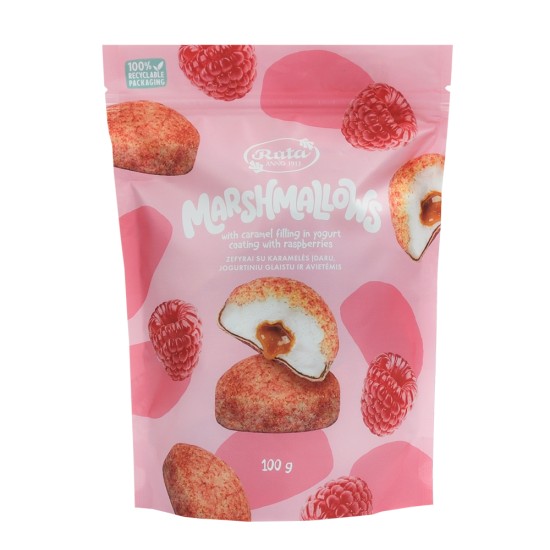  Zefyrai su karamelės įdaru, jogurtiniu glaistu ir avietėmis, 100 g