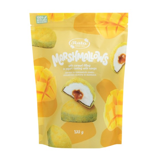  Zefyrai su karamelės įdaru, jogurtiniu glaistu ir mangais, 100 g