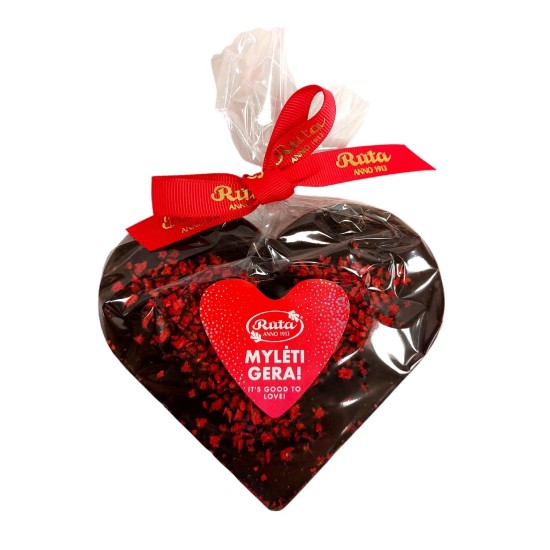 Juodasis šokoladas (75 %) su braškėmis „Mylėti gera!“, 100 g