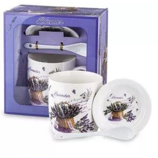 A cup decorated with lavender with a saucer and a spoon