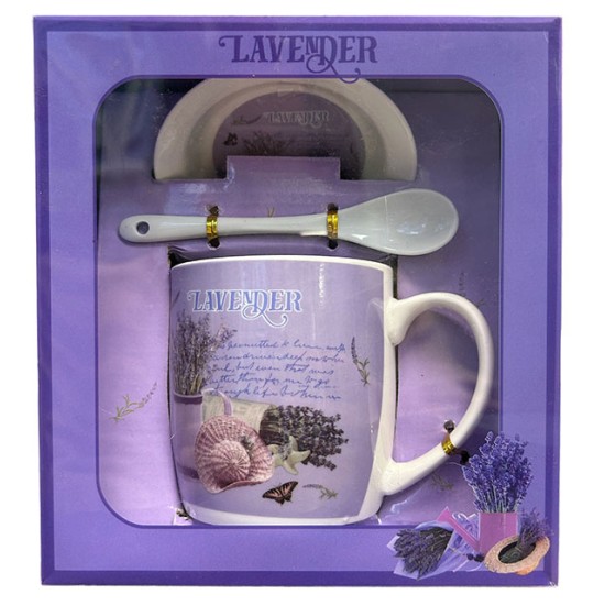 A cup decorated with lavender with a saucer and a spoon