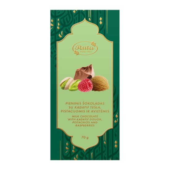 Pieninis šokoladas su Kadayif tešla, pistacijomis ir avietėmis, 70 g